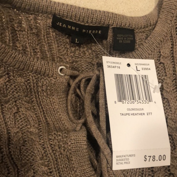 JEANNE PIERRE TUNIC LENGTH TIED FRONT CABLE KNIT SWEATER TAUPE SIZE LARGE NEW - Picture 7 of 11